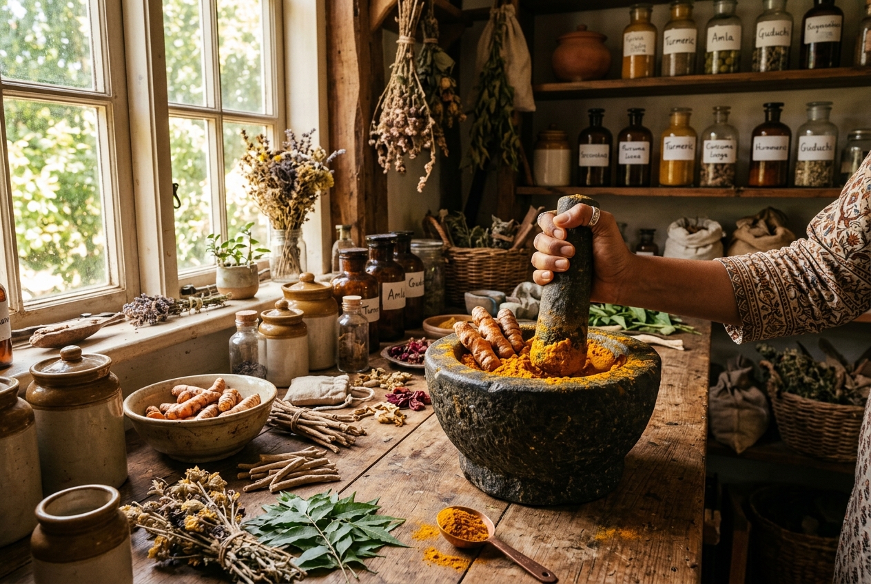 Traditional Ayurvedic mortar and pestle grinding turmeric